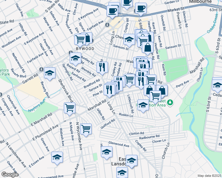 map of restaurants, bars, coffee shops, grocery stores, and more near 7132 Pine Street in Upper Darby