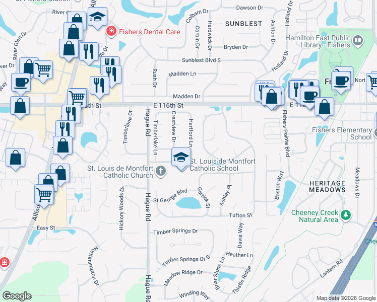 map of restaurants, bars, coffee shops, grocery stores, and more near 11305 Hartford Lane in Fishers