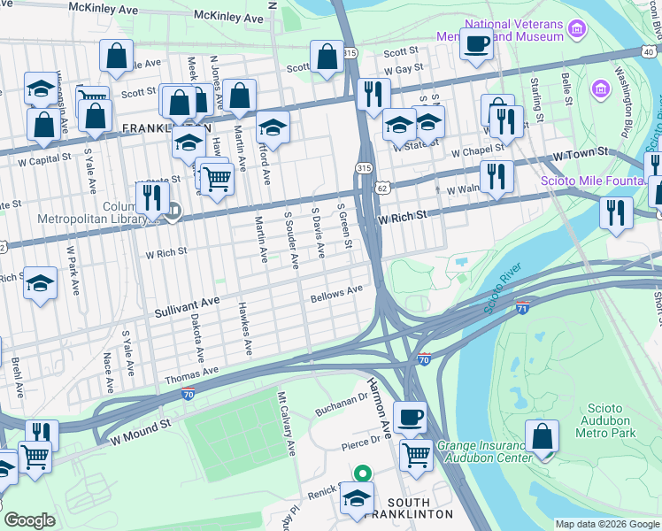 map of restaurants, bars, coffee shops, grocery stores, and more near 273 South Davis Avenue in Columbus