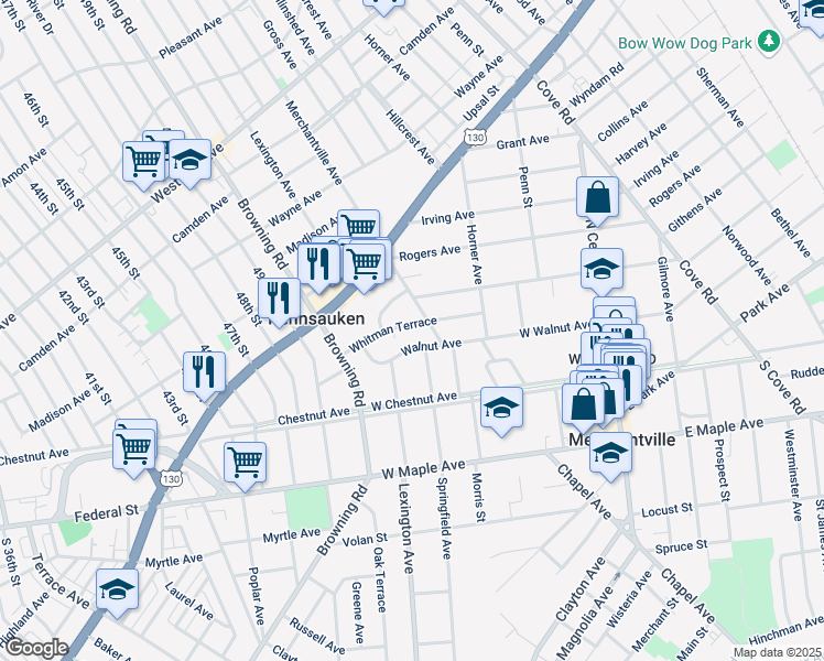 map of restaurants, bars, coffee shops, grocery stores, and more near 5532 Whitman Terrace in Pennsauken