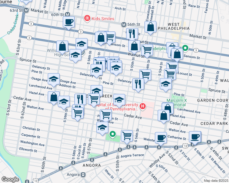 map of restaurants, bars, coffee shops, grocery stores, and more near 427 South 56th Street in Philadelphia