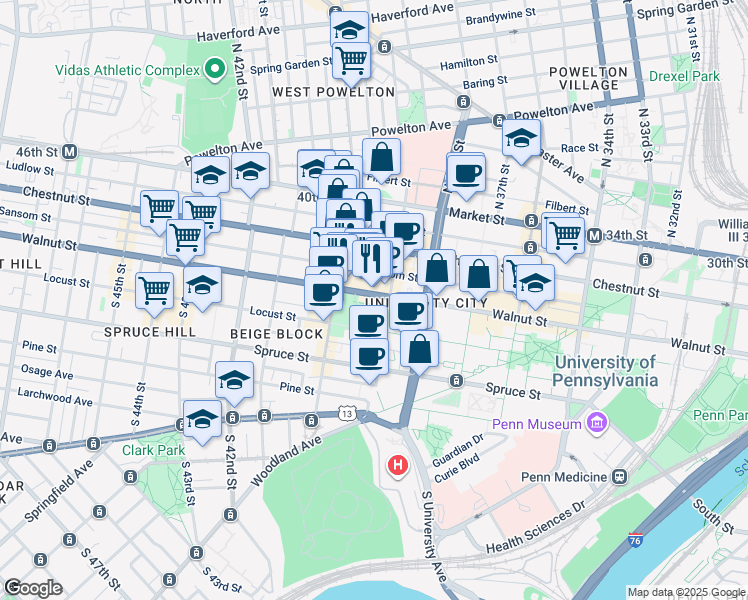 map of restaurants, bars, coffee shops, grocery stores, and more near 3900 Walnut Street in Philadelphia