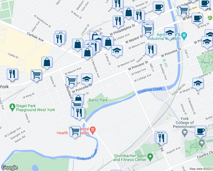map of restaurants, bars, coffee shops, grocery stores, and more near 601 West Locust Street in York