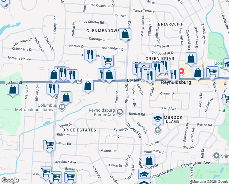 map of restaurants, bars, coffee shops, grocery stores, and more near 1349 Crest Street in Reynoldsburg