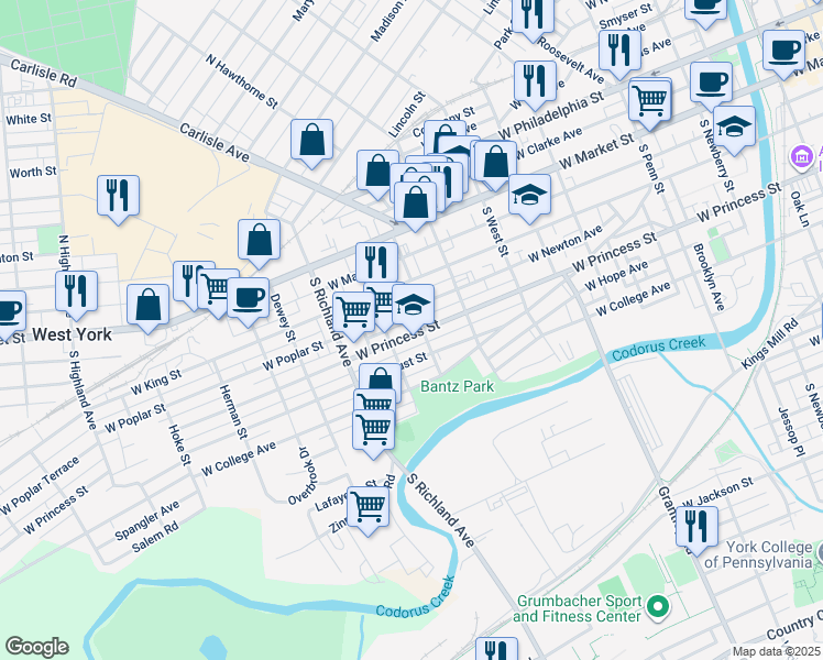 map of restaurants, bars, coffee shops, grocery stores, and more near 809 West Princess Street in York