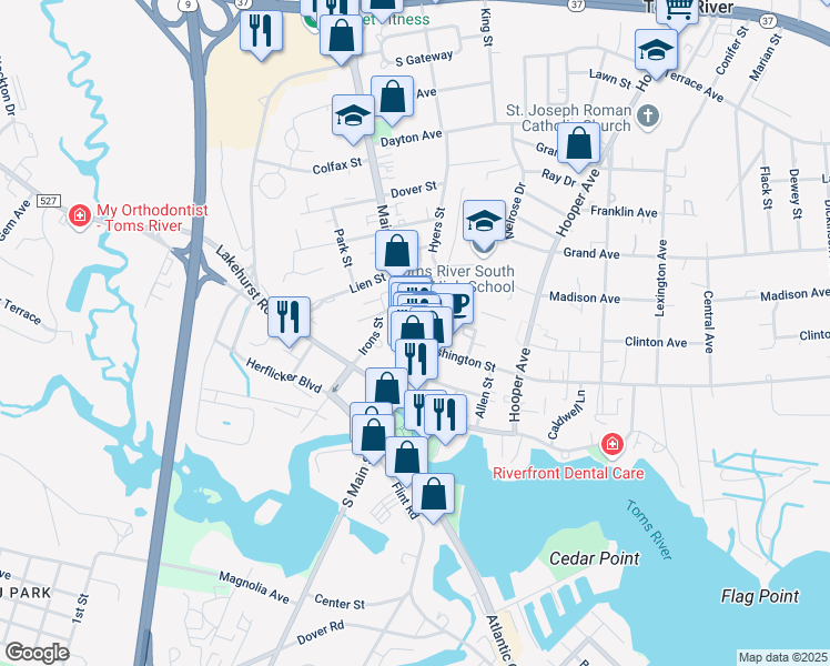 map of restaurants, bars, coffee shops, grocery stores, and more near in Toms River