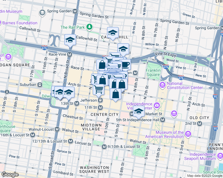 map of restaurants, bars, coffee shops, grocery stores, and more near 1017 Arch Street in Philadelphia