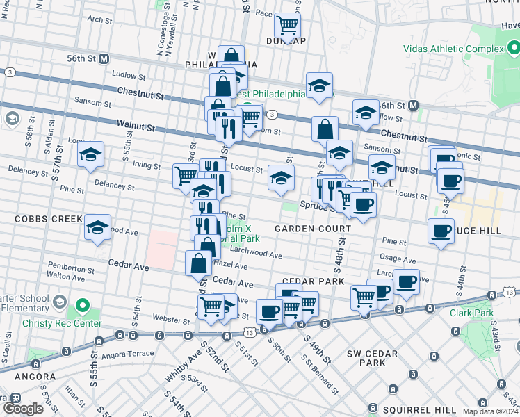 map of restaurants, bars, coffee shops, grocery stores, and more near 303 South 51st Street in Philadelphia