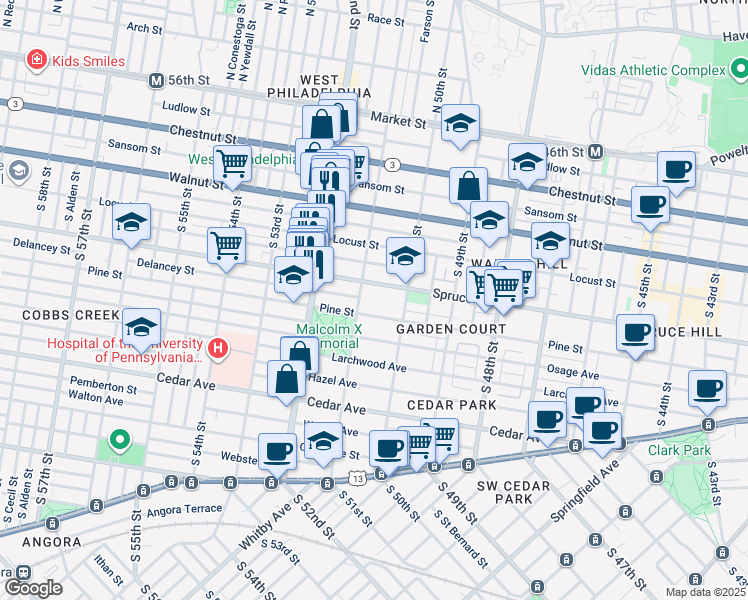 map of restaurants, bars, coffee shops, grocery stores, and more near 303 South 51st Street in Philadelphia