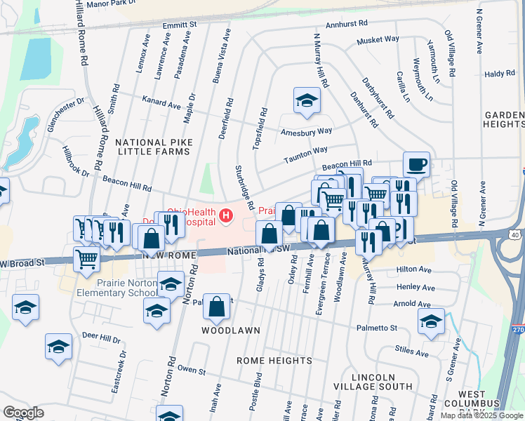 map of restaurants, bars, coffee shops, grocery stores, and more near 5026 Eastham Way in Columbus