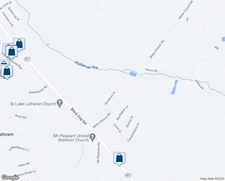 map of restaurants, bars, coffee shops, grocery stores, and more near 3042 Sundown Drive in Chambersburg