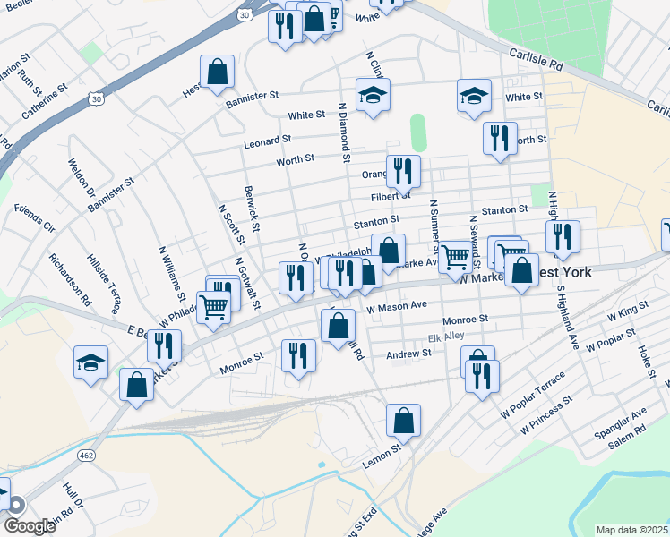 map of restaurants, bars, coffee shops, grocery stores, and more near 1972 West Philadelphia Street in York