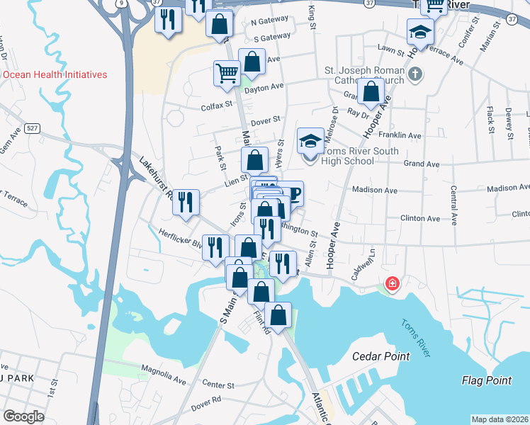 map of restaurants, bars, coffee shops, grocery stores, and more near 73 Main Street in Toms River