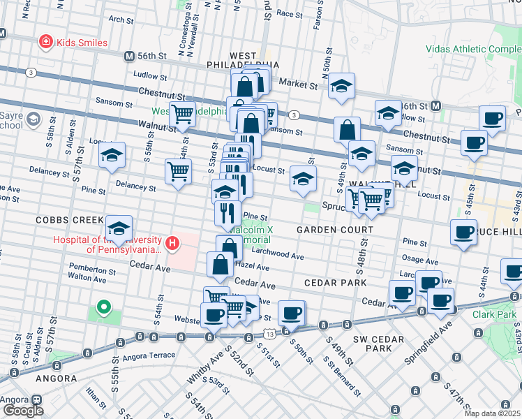 map of restaurants, bars, coffee shops, grocery stores, and more near 5108 Delancey Street in Philadelphia