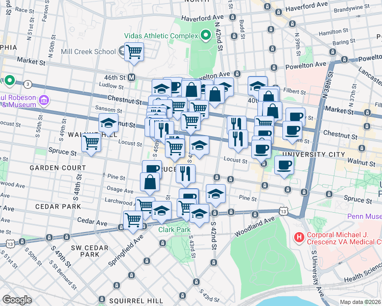 map of restaurants, bars, coffee shops, grocery stores, and more near Locust St & S 43rd St in Philadelphia