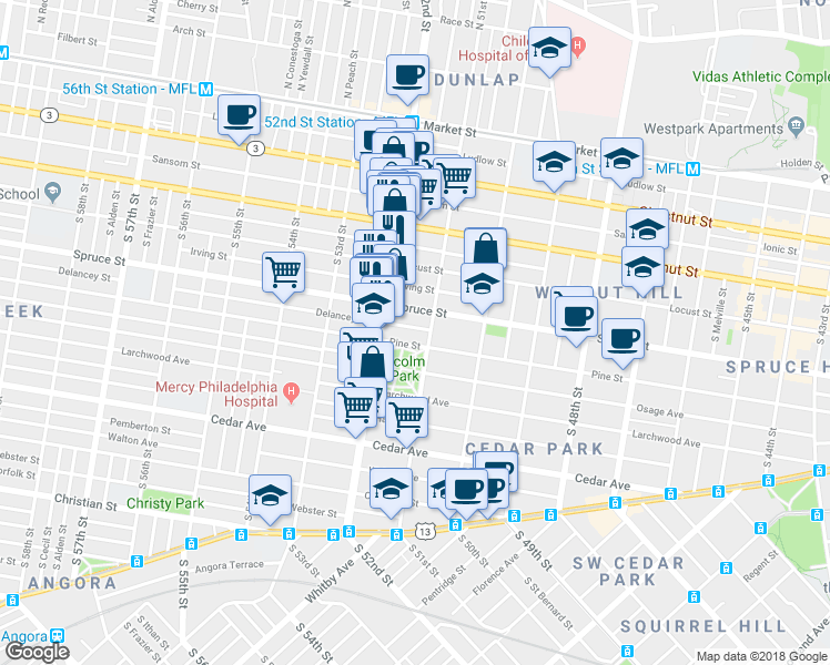 map of restaurants, bars, coffee shops, grocery stores, and more near 5108 Delancey Street in Philadelphia