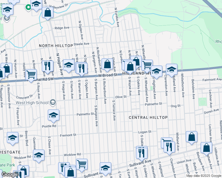 map of restaurants, bars, coffee shops, grocery stores, and more near 57 South Terrace Avenue in Columbus