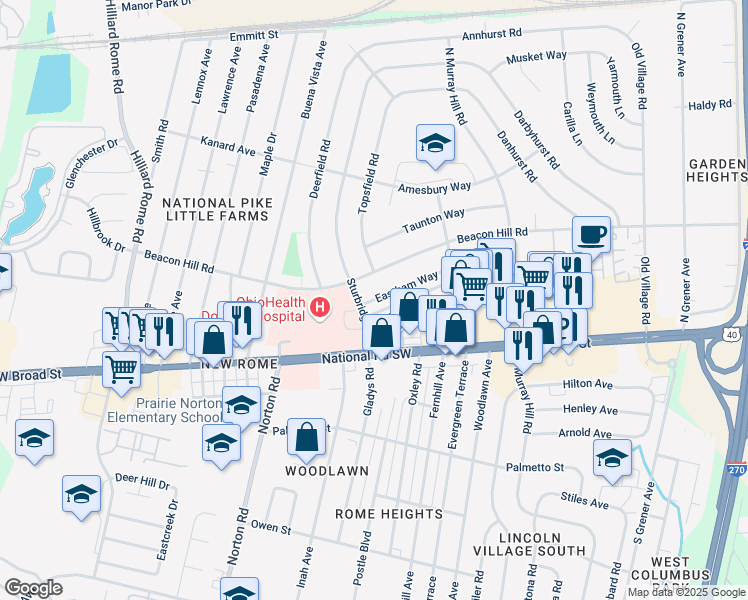map of restaurants, bars, coffee shops, grocery stores, and more near 5022 Eastham Way in Columbus