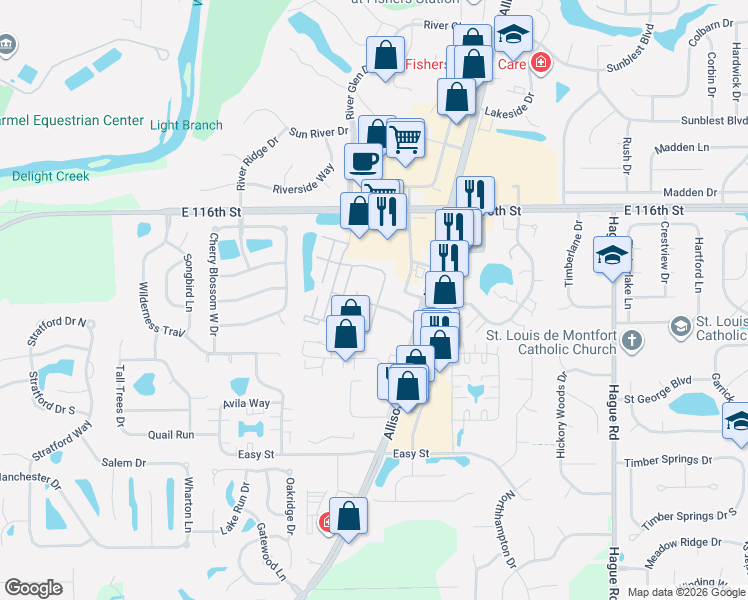 map of restaurants, bars, coffee shops, grocery stores, and more near 7122 Mallard Court in Fishers