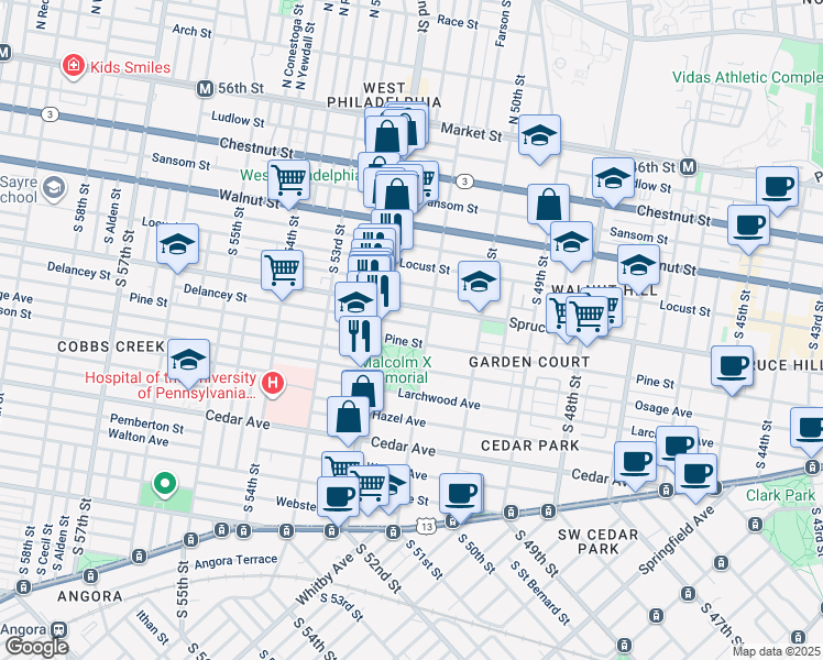 map of restaurants, bars, coffee shops, grocery stores, and more near 5110 Delancey Street in Philadelphia