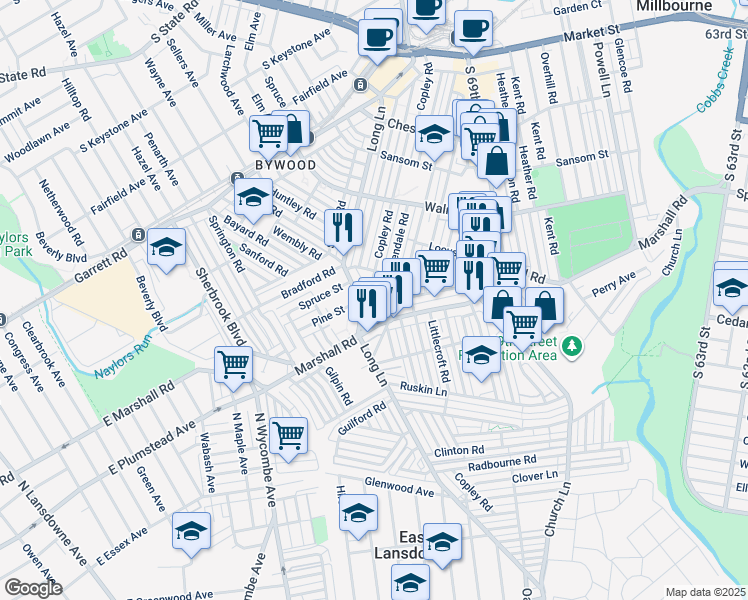 map of restaurants, bars, coffee shops, grocery stores, and more near 7132 Pine Street in Upper Darby
