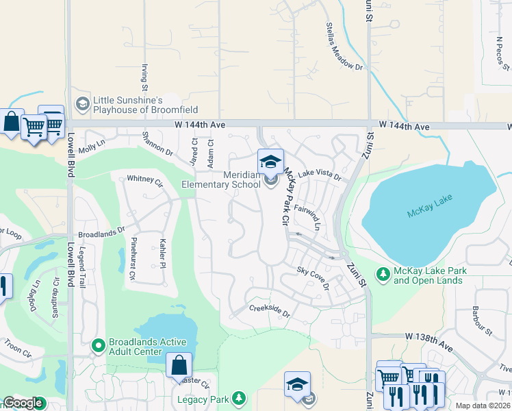 map of restaurants, bars, coffee shops, grocery stores, and more near 14009 McKay Park Circle in Broomfield