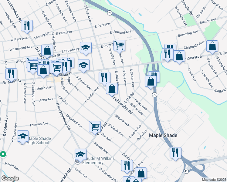 map of restaurants, bars, coffee shops, grocery stores, and more near 106 South Walnut Avenue in Maple Shade Township