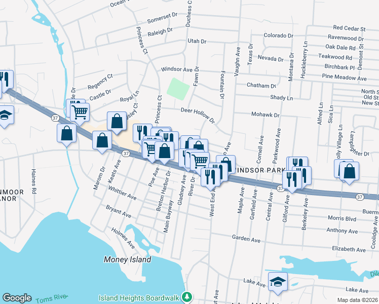 map of restaurants, bars, coffee shops, grocery stores, and more near 1604 Quail Road in Toms River