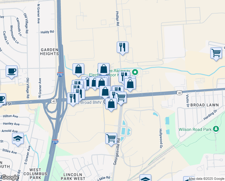 map of restaurants, bars, coffee shops, grocery stores, and more near 4150 National Road Southwest in Columbus