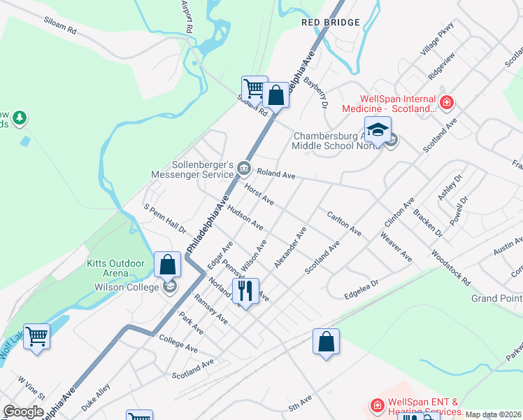 map of restaurants, bars, coffee shops, grocery stores, and more near 1640 Edgar Avenue in Chambersburg