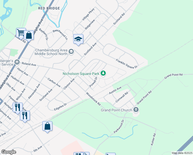 map of restaurants, bars, coffee shops, grocery stores, and more near 1936 Powell Drive in Chambersburg