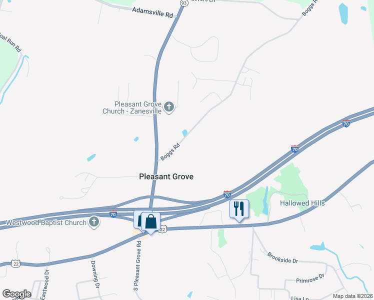 map of restaurants, bars, coffee shops, grocery stores, and more near 2668 Boggs Road in Zanesville