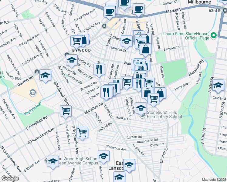 map of restaurants, bars, coffee shops, grocery stores, and more near 325 Copley Road in Delaware County