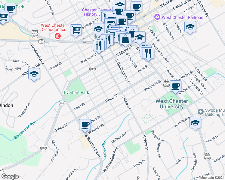 map of restaurants, bars, coffee shops, grocery stores, and more near 322 Dean Street in West Chester