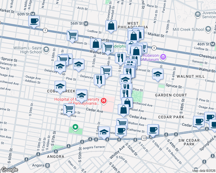 map of restaurants, bars, coffee shops, grocery stores, and more near 5343 Pine Street in Philadelphia