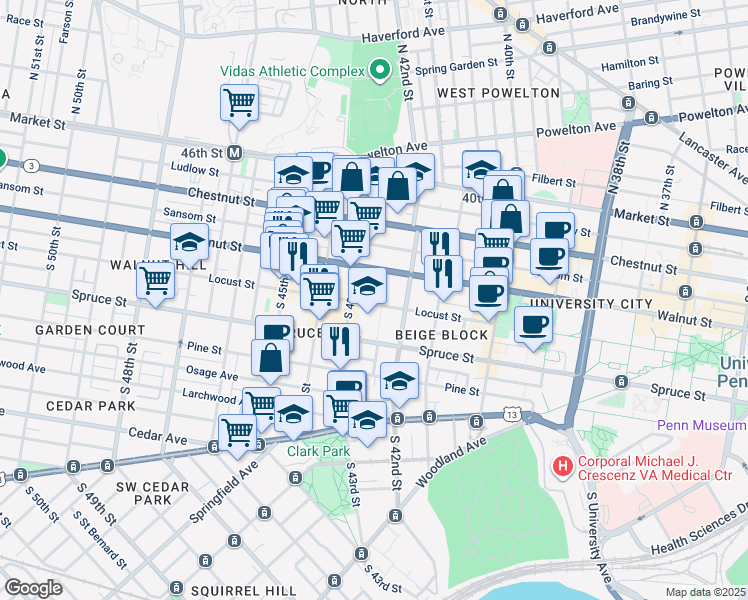 map of restaurants, bars, coffee shops, grocery stores, and more near 4247 Locust Street in Philadelphia