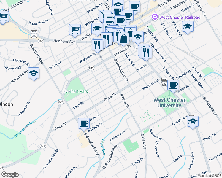 map of restaurants, bars, coffee shops, grocery stores, and more near 322 Dean Street in West Chester