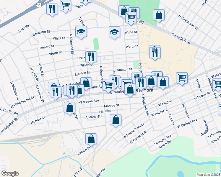 map of restaurants, bars, coffee shops, grocery stores, and more near 1615 West Market Street in West York
