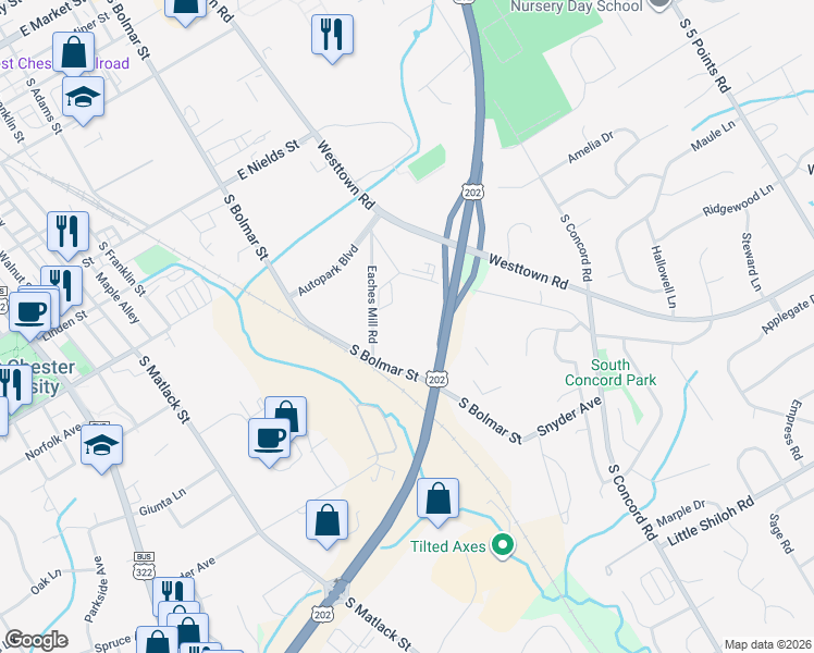 map of restaurants, bars, coffee shops, grocery stores, and more near 920 South Bolmar Street in West Chester
