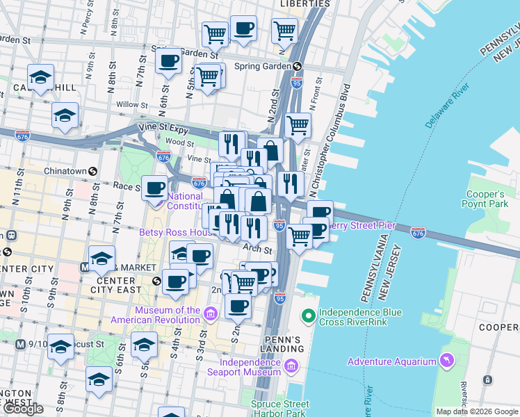 map of restaurants, bars, coffee shops, grocery stores, and more near 177 Race Street in Philadelphia