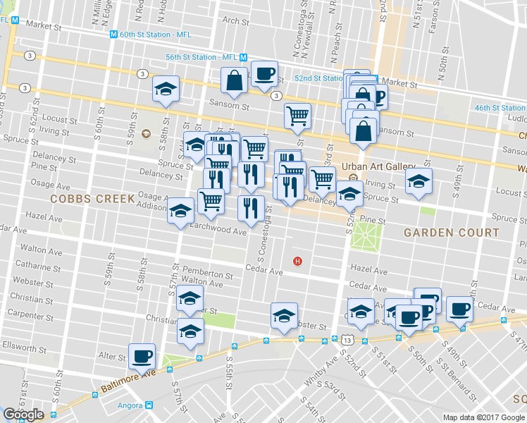 map of restaurants, bars, coffee shops, grocery stores, and more near 5441 Osage Avenue in Philadelphia