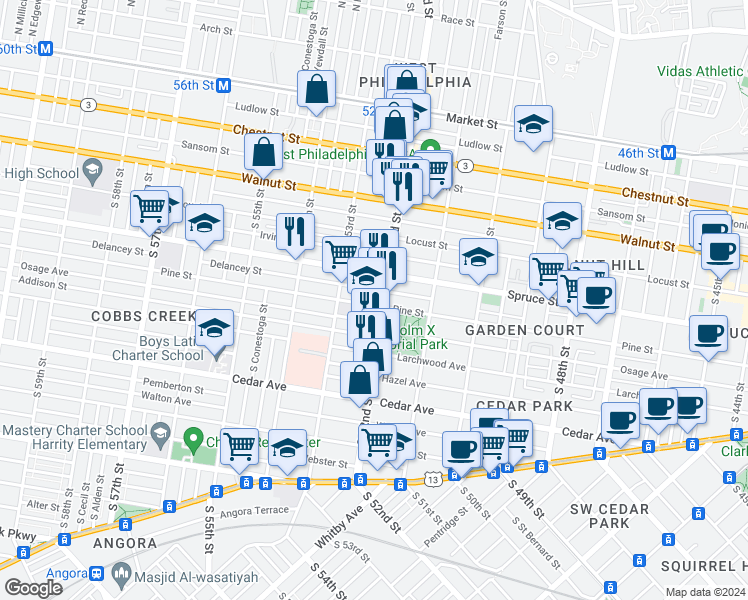 map of restaurants, bars, coffee shops, grocery stores, and more near 5215 Pine Street in Philadelphia