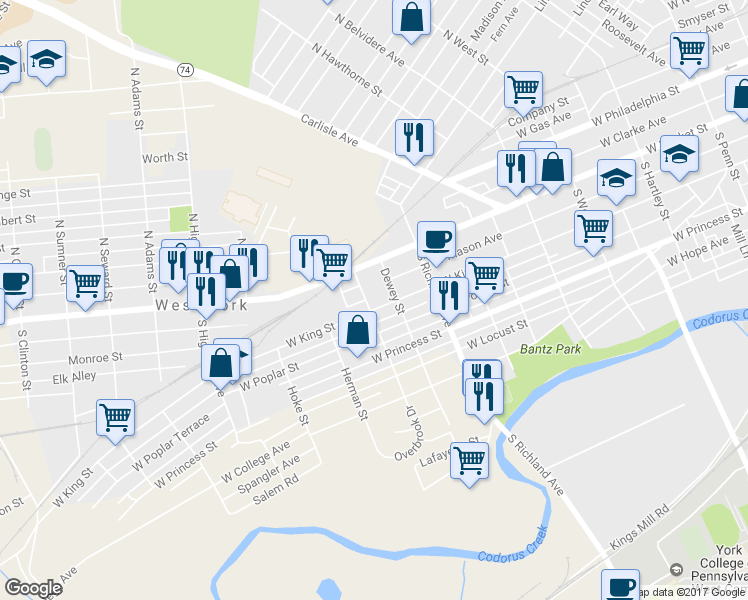 map of restaurants, bars, coffee shops, grocery stores, and more near 1129 West King Street in West York