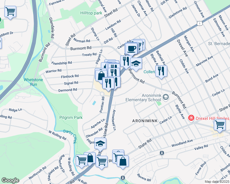 map of restaurants, bars, coffee shops, grocery stores, and more near 5060 Township Line Road in Drexel Hill