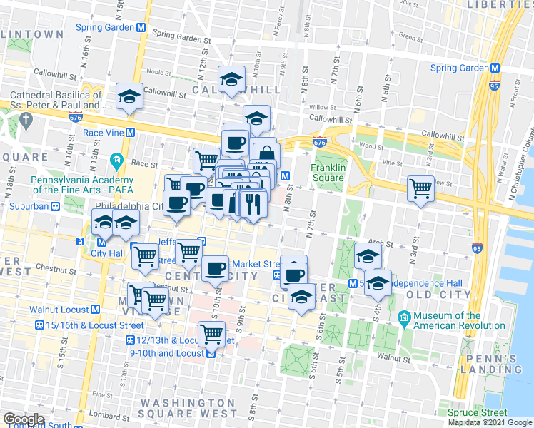 map of restaurants, bars, coffee shops, grocery stores, and more near 117 North 9th Street in Philadelphia