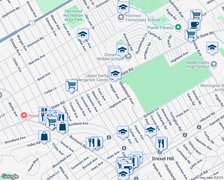 map of restaurants, bars, coffee shops, grocery stores, and more near 736 Harper Avenue in Drexel Hill
