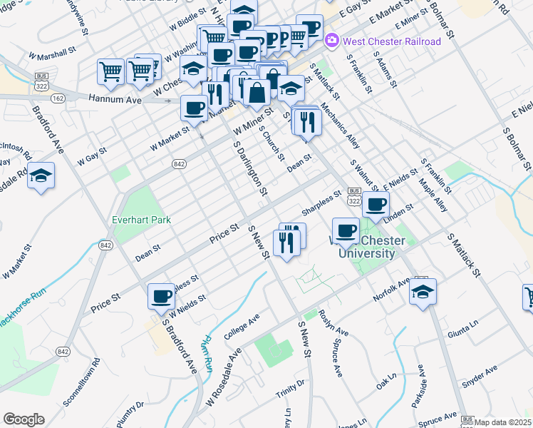 map of restaurants, bars, coffee shops, grocery stores, and more near 212 Price Street in West Chester