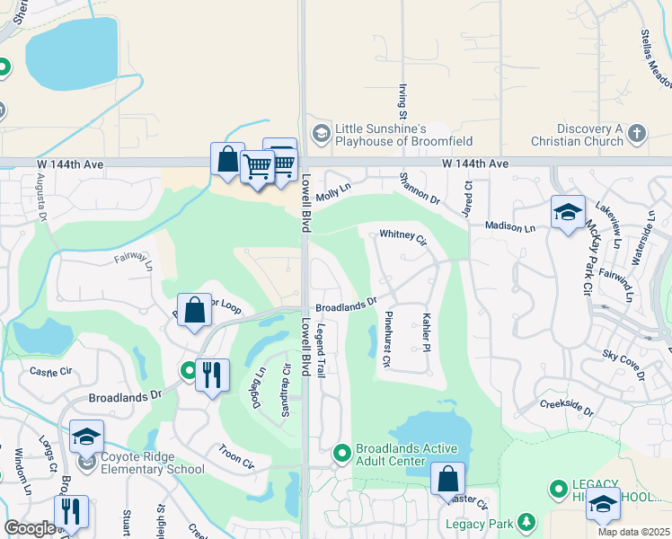map of restaurants, bars, coffee shops, grocery stores, and more near 14144 Sun Blaze Loop in Broomfield