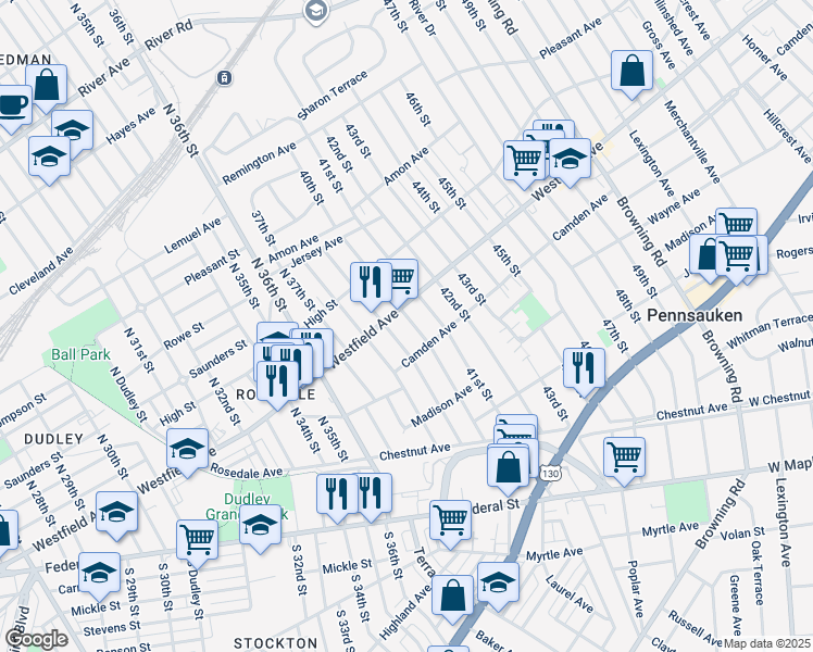 map of restaurants, bars, coffee shops, grocery stores, and more near 243 North 40th Street in Pennsauken