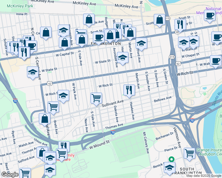 map of restaurants, bars, coffee shops, grocery stores, and more near 251 Dakota Avenue in Columbus